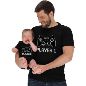 imageGamer Dad and Baby Matching Outfits Gifts for New Dads Player 1 ampamp Player 2 Funny Fathers Day Daddy and Me OutfitsDad Black  Baby Black