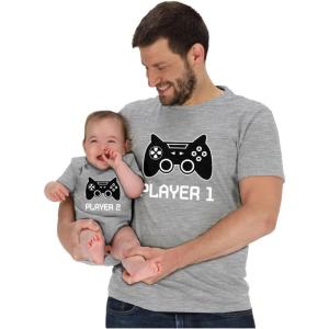 imageGamer Dad and Baby Matching Outfits Gifts for New Dads Player 1 ampamp Player 2 Funny Fathers Day Daddy and Me OutfitsDad Gray  Baby Gray