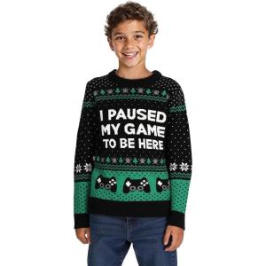 imageGamer Ugly Christmas Sweater Kids Gifts for Gamers I Paused My Game to Be Here Youth Holiday Xmas SweatersGreen