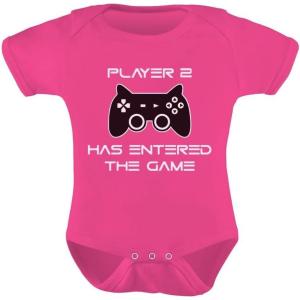 imagePlayer 2 Has Entered The Game Baby Announcement Gifts Gamer Infant BodysuitWow Pink