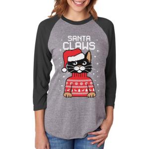 imageSanta Claws Cat Ugly Christmas Sweater 34 Women Sleeve Baseball Jersey ShirtBlackGray