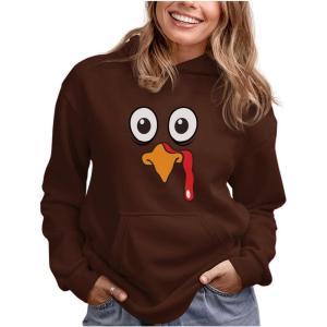 imageSilly Turkey Face Pilgrim Pullover Hoodie Funny Thanksgiving Sweatshirt Hoodies for Women Teen GirlsBrown
