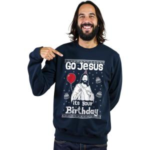 imageTstars Jesus Birthday Funny Holiday Xmas Long Sleeve Sweatshirt for Men Women Ugly Christmas Sweater StyleNavy