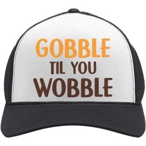 imageTurkey Hat Gobble Til You Wobble Funny Adult Thanksgiving Adjustable Trucker Mesh Cap for Men WomenBlackWhite