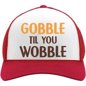 imageTurkey Hat Gobble Til You Wobble Funny Adult Thanksgiving Adjustable Trucker Mesh Cap for Men WomenRedWhite