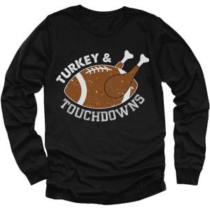 imageTurkey ampamp Touchdowns Football Gameday Shirt Girls Boys Thanksgiving Youth Kids Long Sleeve TShirtBlack