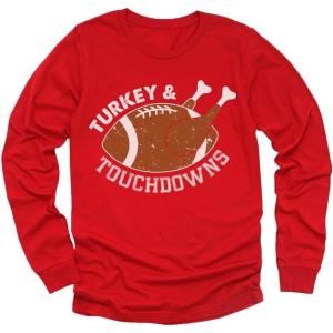 imageTurkey ampamp Touchdowns Football Gameday Shirt Girls Boys Thanksgiving Youth Kids Long Sleeve TShirtRed