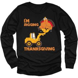 imageTurkey on Tractor Construction Im Digging Thanksgiving Boys Girls Long Sleeve Toddler Kids TShirtBlack