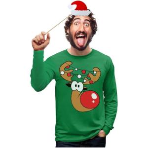 imageCute Reindeer Ugly Christmas Shirt Men Tacky Sweater Style Xmas Holiday Mens Long Sleeve TShirtGreen