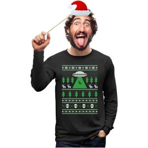 imageAlien Reindeer Abduction Long Sleeve Shirt Men UFO Ugly Christmas Sweater StyleLong Sleeve  Black