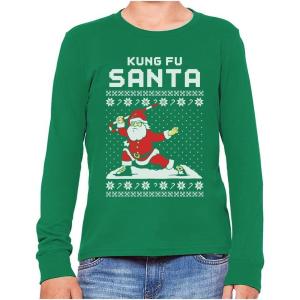 imageKungfu Santa Claus Funny Youth Kids Ugly Christmas Shirt Tacky Sweater Style Xmas Holiday Long Sleeve TShirtGreen