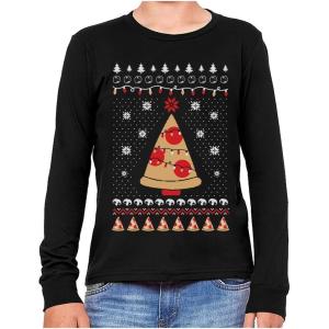 imagePizza Tree Ugly Christmas Shirt for Boys Girls Tacky Sweater Style Holiday Xmas Long Sleeve TShirt for Youth Kids LargeBlack