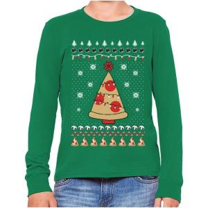 imagePizza Tree Ugly Christmas Shirt for Boys Girls Tacky Sweater Style Holiday Xmas Long Sleeve TShirt for Youth Kids LargeGreen