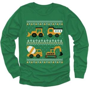 imageConstruction Trucks Boys Ugly Christmas Sweater Style Holiday Xmas Youth Kids Long Sleeve TShirtGreen