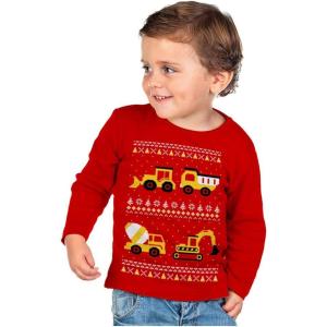 imageConstruction Trucks Boys Ugly Christmas Sweater Style Holiday Xmas Youth Kids Long Sleeve TShirtRed