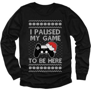 imageGaming Boys Ugly Christmas Shirt I Paused My Game to Be Here Xmas Holiday Long Sleeve TShirt for Youth KidsBlack