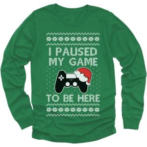 imageGaming Boys Ugly Christmas Shirt I Paused My Game to Be Here Xmas Holiday Long Sleeve TShirt for Youth KidsGreen