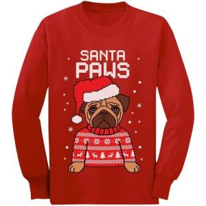 imagePug Ugly Christmas Shirt for Kids Santa Paws Tacky Sweater Style Holiday Long Sleeve TShirt for Youth Boys GirlsRed