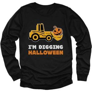 imageConstruction Bulldozer Im Digging Halloween Pumpkin Face Tractor Girls Boys Toddler Kids Long Sleeve TShirtBlack