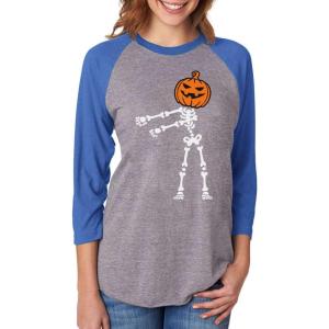 imageFloss Dance Pumpkin Skeleton Halloween 34 Women Sleeve Baseball Jersey ShirtBlueGray