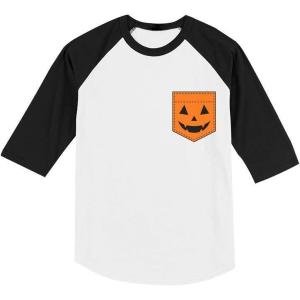 imagePumpkin Face Pocket Shirt Jack O Lantern Halloween Raglan Shirts for Toddler Kids Boys and GirlsBlackWhite