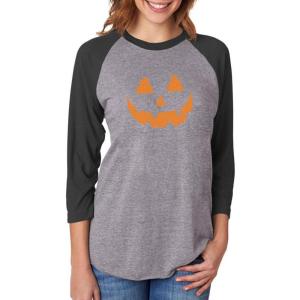 imagePumpkin Women Halloween Shirt Jack O Lantern Face 34 Sleeve Baseball JerseyBlackGray
