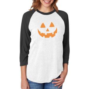imagePumpkin Women Halloween Shirt Jack O Lantern Face 34 Sleeve Baseball JerseyBlackWhite