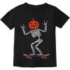 imageSkeleton on Skateboard Shirt Jack O Lantern Pumpkin Head Funny Halloween Youth Kids TShirtBlack