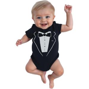 imageBaby Tuxedo with Bow Tie Outfit Halloween Wedding Costume Tux Suit Bowtie Newborn Boy Girl Funny Infant BodysuitBlack