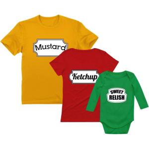 imageKetchup Mustard Sweet Relish Halloween Easy Costume Matching Family Set Outfit Mom Ketchup Red MDad Mustard Yellow MBaby Relish Green 6M 36M