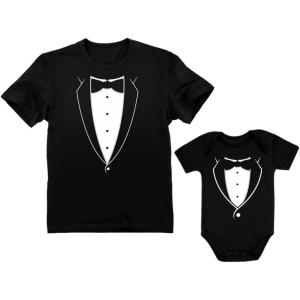 imagePrinted Tuxedo with BowTie Suit Father ampamp Son Tux Mens TShirt ampamp Baby BodysuitDad Black  Son Black