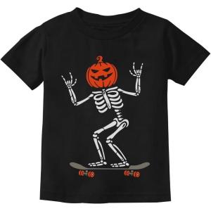 imageSkeleton on Skateboard Shirt Jack O Lantern Pumpkin Head Funny Halloween Youth Kids TShirtBlack