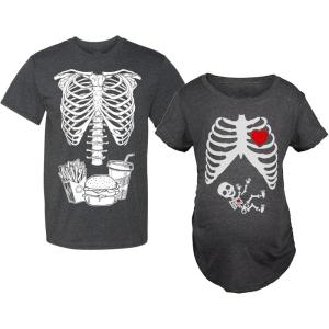 imageFunny Couples Maternity Halloween Costumes Ribcage Burger Fries Skeleton Baby Matching TShirt SetDad Black  Mom Black