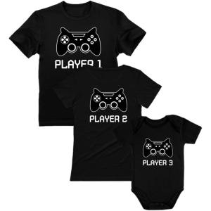 imageFamily Matching Outfits Mom Dad Baby Son Daughter Player Gaming Shirts Gift SetDad Black  Mom Black  Baby Black