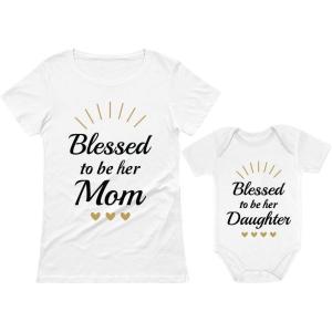 imageTstars Blessed to Be Her Mom Matching Outfit Set Mother and Baby Shirts for Mothers Day ampamp New MomsMom White  Daughter White