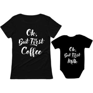 imageTstars Ok But First Coffee Mom and Baby Matching Set Funny Shirts for Mothers Day ampamp New MomsMom Black  Baby Black