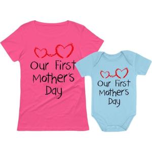imageOur First Mothers Day Mommy and Me Matching Outfits Mom and Baby Shirts SetMom Pink  Baby Aqua