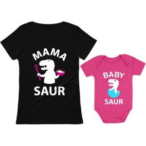 imageTstars Mama ampamp Baby Saur Matching Set Gift for New Moms and Babies Mothers Day Mom Shirt ampamp Infant BodysuitMom Black  Baby Wow Pink