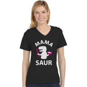 imageMama Shirt Mamasaurus Shirt Dinosaur Mom Shirt Women V Neck TShirtBlack