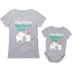 imageMom ampamp Baby Elephant Our First Mothers Day Mommy and Me Matching Outfits Gifts Mom T Shirt and 612M Baby BodysuitGray