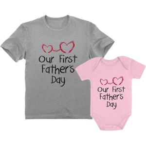 imageTstars Our First Fathers Day Matching Outfits New Dads Gifts Dad Shirt and Son Daughter Infant BodysuitDad Gray  Baby Pink
