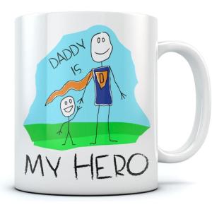 imageDaddy Is My Hero Kids Drawing  Super Dad Coffee Mug Fathers Day Gift from Son Daughter or Wife Unique Present for Dads Birthday Tea Cup Ceramic Mug 15 Oz White