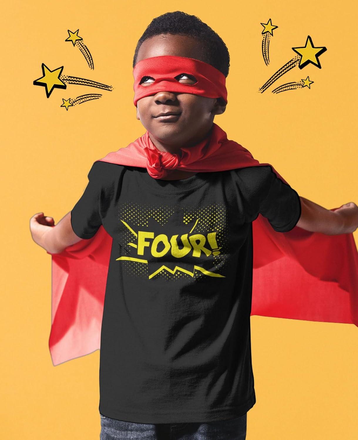 imageFour 4th Birthday Shirt 4 Years Old Gifts Superhero Party Kids TShirtBlack