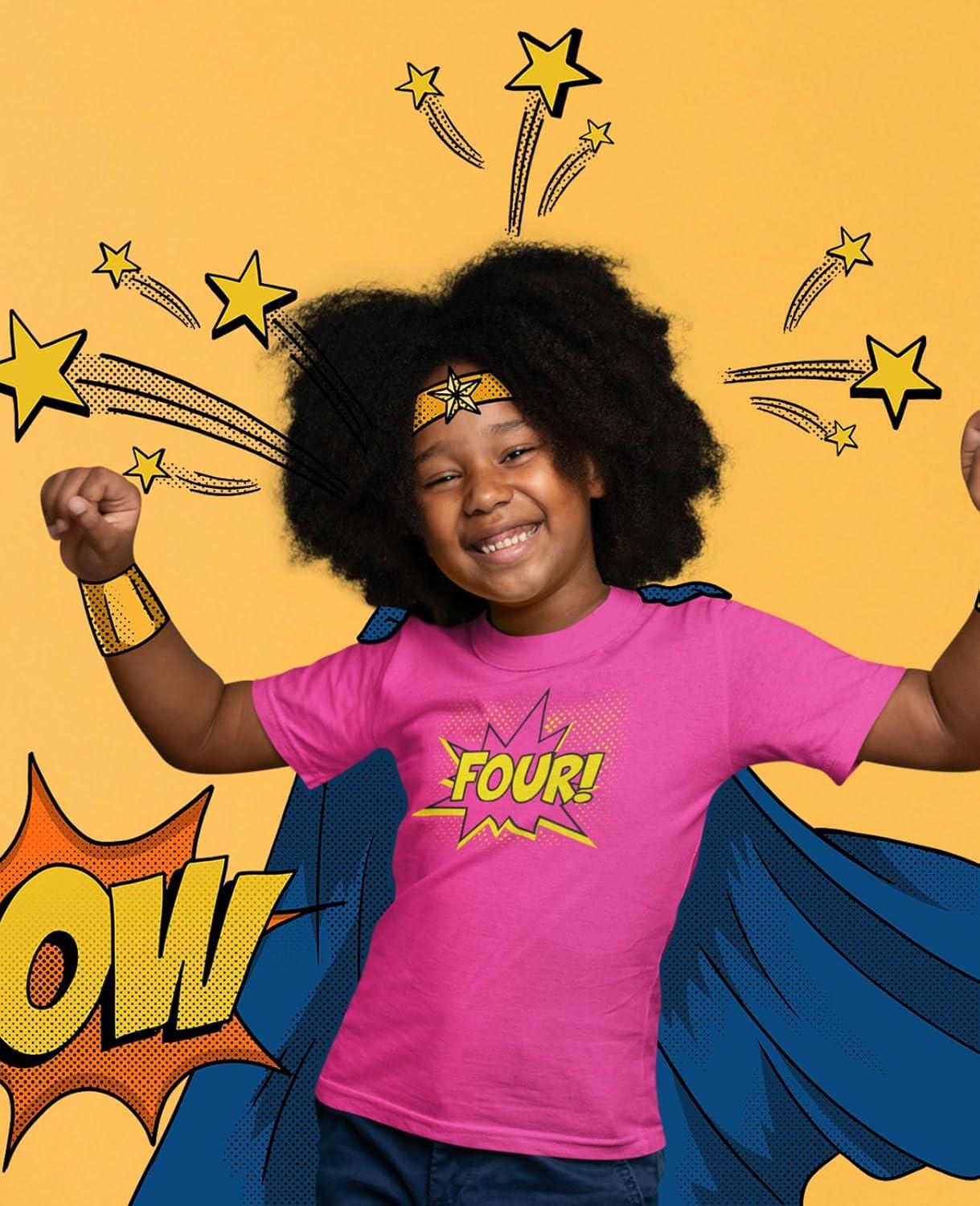 imageFour 4th Birthday Shirt 4 Years Old Gifts Superhero Party Kids TShirtPink