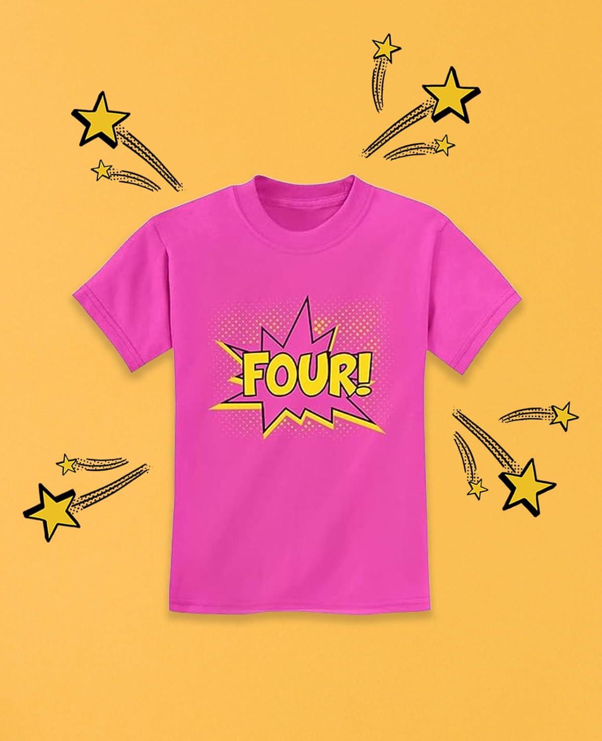 imageFour 4th Birthday Shirt 4 Years Old Gifts Superhero Party Kids TShirtPink