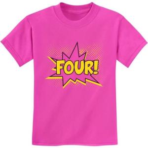 imageFour 4th Birthday Shirt 4 Years Old Gifts Superhero Party Kids TShirtPink