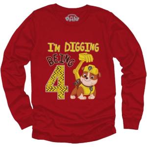 imageRubble Bulldozer Digging Being 4 Construction Paw Patrol 4th Birthday Toddler Kids Long Sleeve TShirtRed