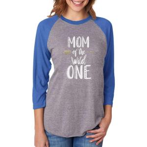imageMom of The Wild One Funny 1st Birthday 34 Women Sleeve Baseball Jersey ShirtBlueGray