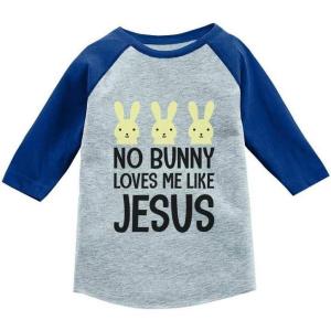 imageTstars No Bunny Loves Me Like Jesus Funny Easter Raglan 34 Sleeve TShirt for Toddler ampamp KidsBlue