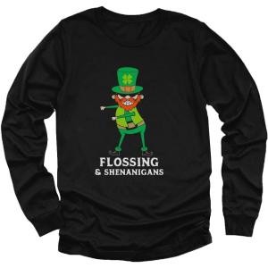 imageSt Patricks Day Irish Clover Floss Leprechaun Youth Kids Long Sleeve TShirtBlack